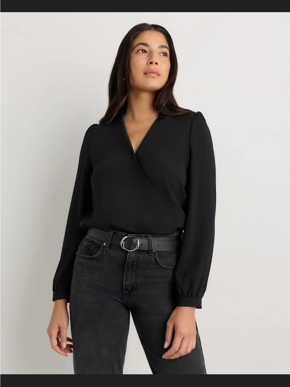 Quince Fluid Crepe Surplice Long Sleeve Blouse Top Faux Wrap Front Cuff Buttons